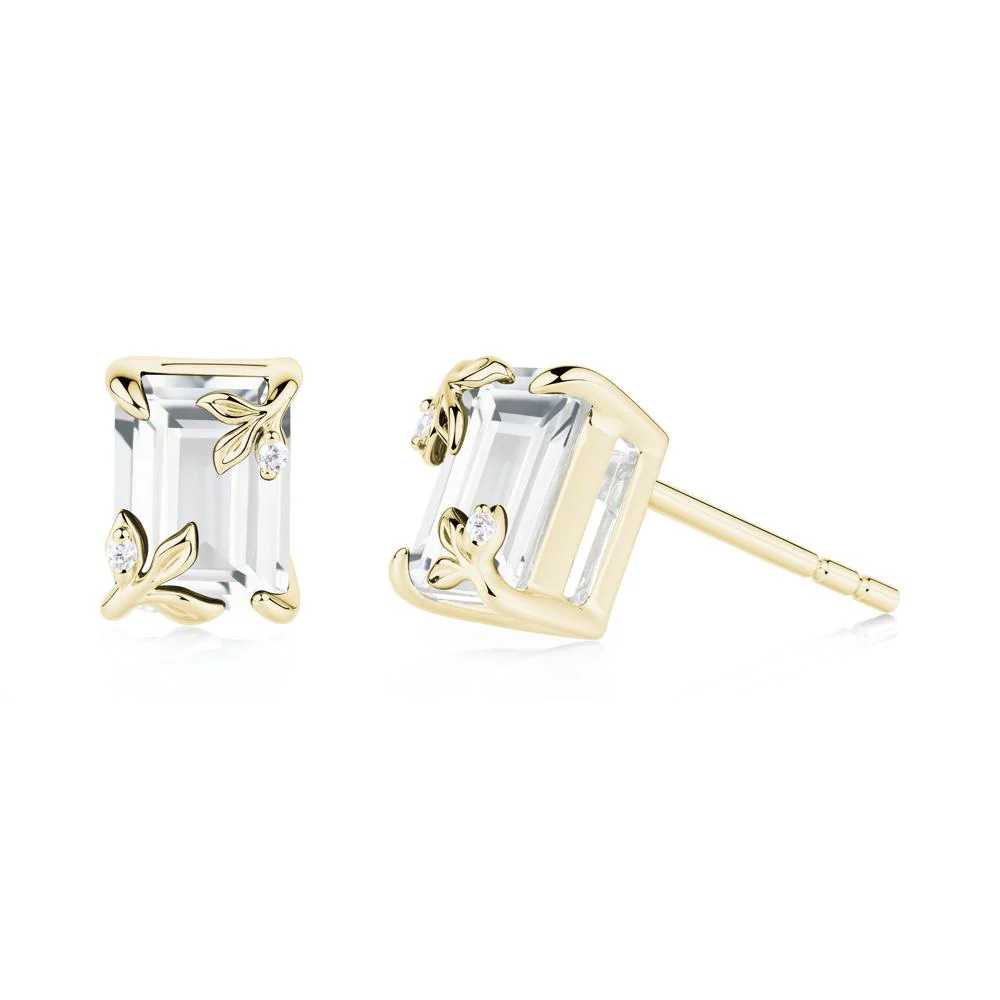 Nature-Inspired Leaf Emerald Cut White Topaz Stud Earrings - Image 2