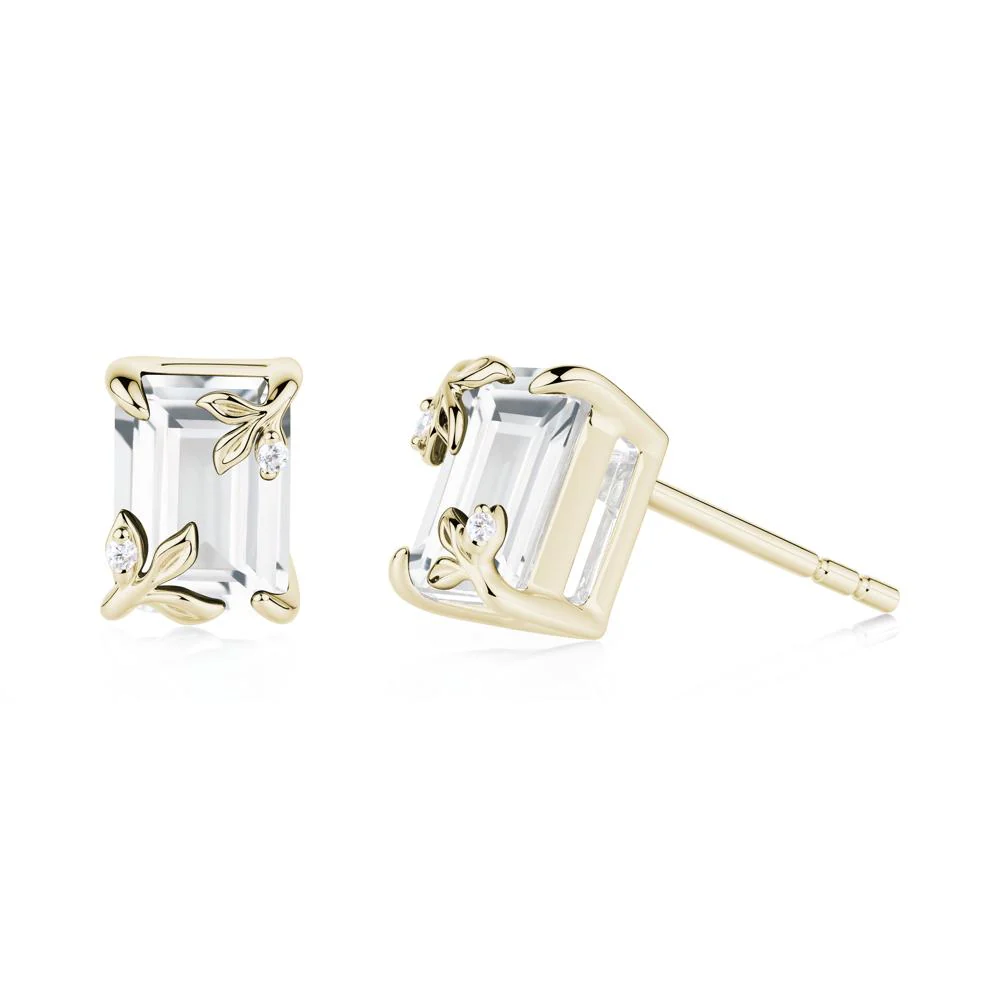 Nature-Inspired Leaf Emerald Cut White Topaz Stud Earrings - Image 3