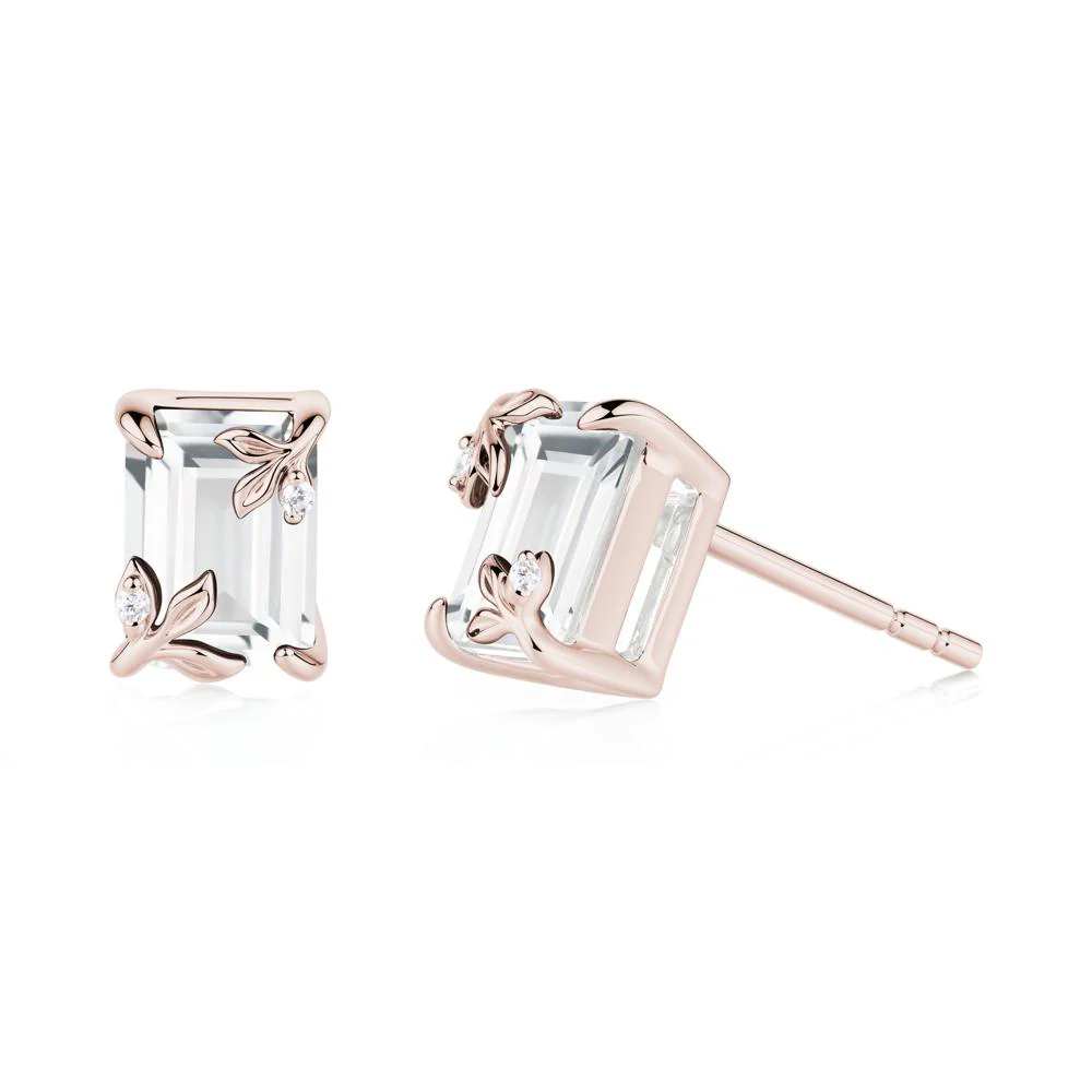 Nature-Inspired Leaf Emerald Cut White Topaz Stud Earrings - Image 6