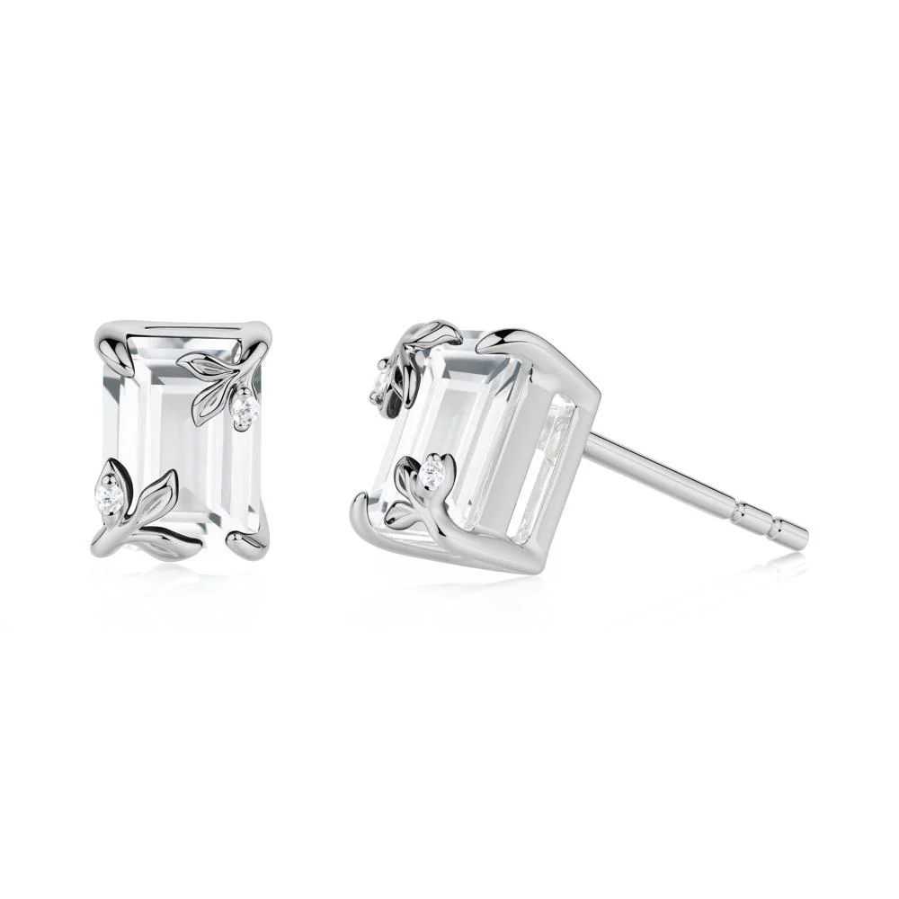 Nature-Inspired Leaf Emerald Cut White Topaz Stud Earrings - Image 7
