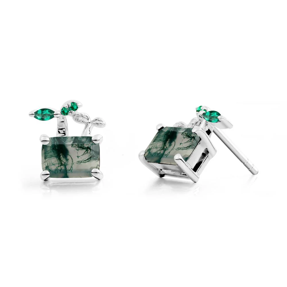 Nature Inspired Moss Agate and Emerald Stud Earrings - Image 2