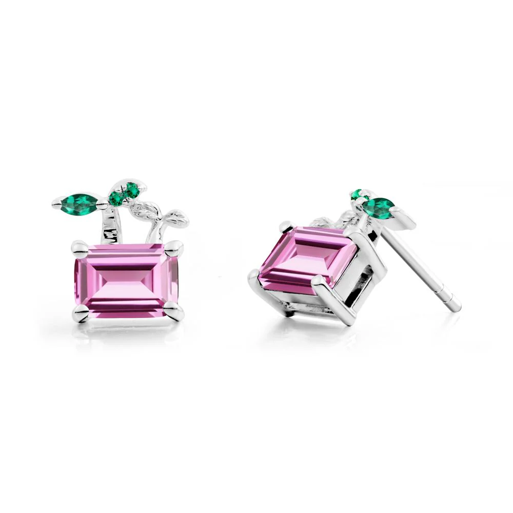 Nature Inspired Pink Sapphire and Emerald Stud Earrings - Image 4