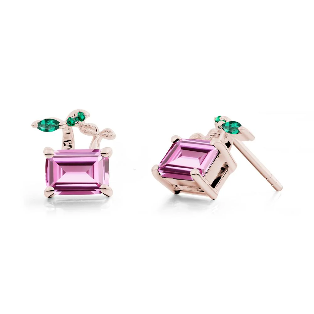 Nature Inspired Pink Sapphire and Emerald Stud Earrings - Image 7