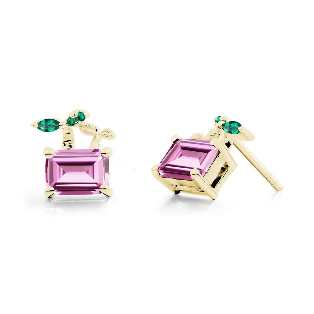 Nature Inspired Pink Sapphire and Emerald Stud Earrings - Image 9