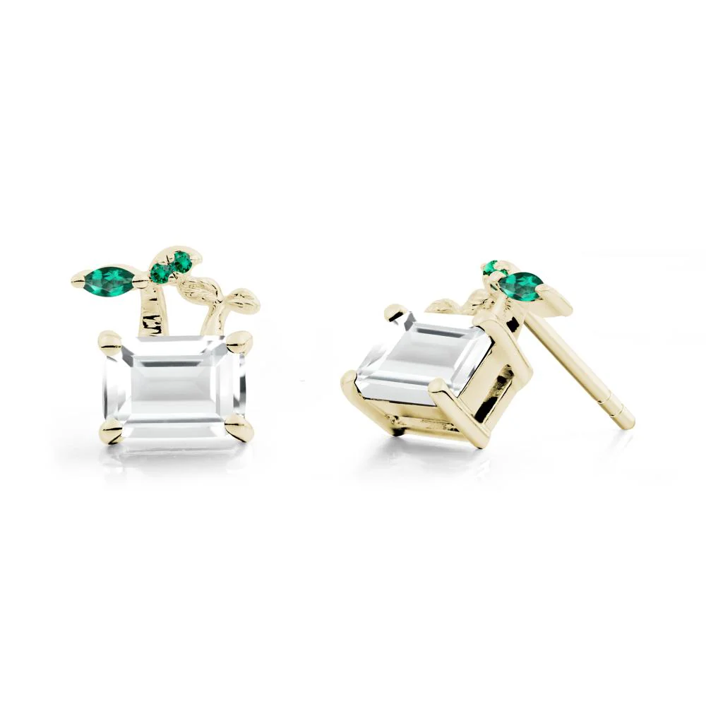 Nature Inspired White Topaz and Emerald Stud Earrings - Image 3