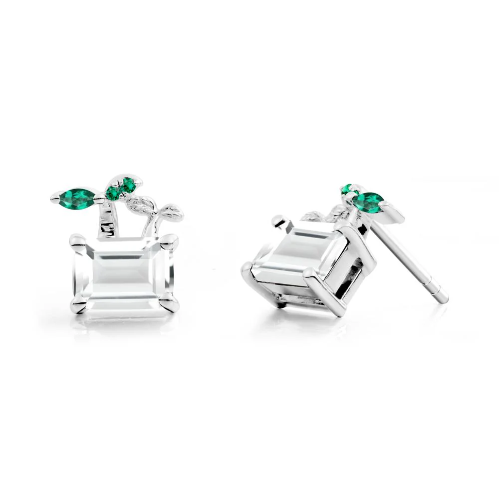 Nature Inspired White Topaz and Emerald Stud Earrings - Image 4