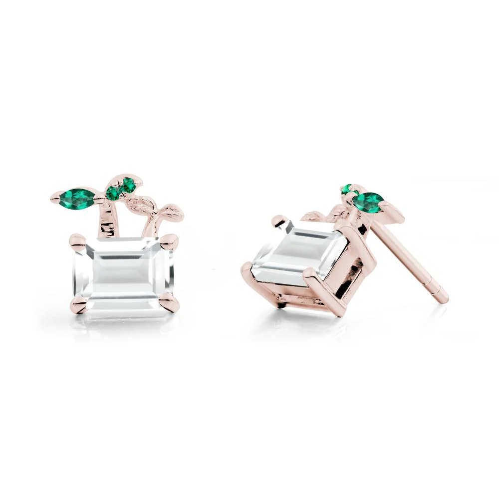 Nature Inspired White Topaz and Emerald Stud Earrings - Image 6