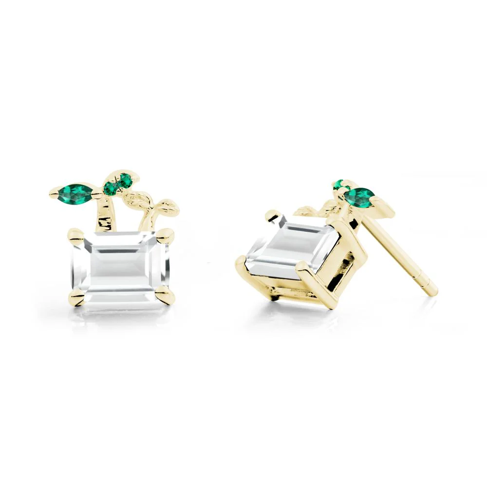 Nature Inspired White Topaz and Emerald Stud Earrings - Image 9