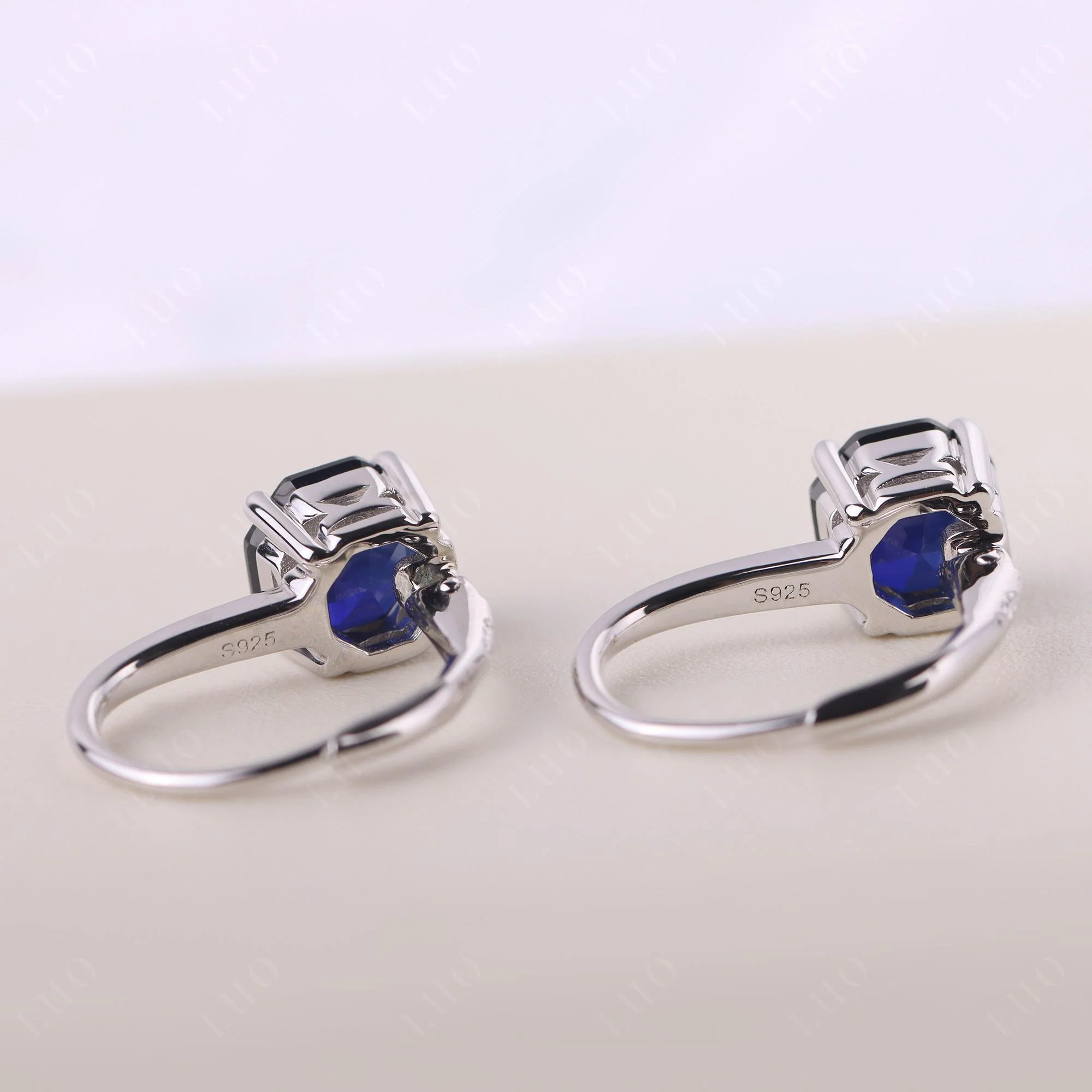 Octagon Cut Sapphire Leverback Earrings - Image 11