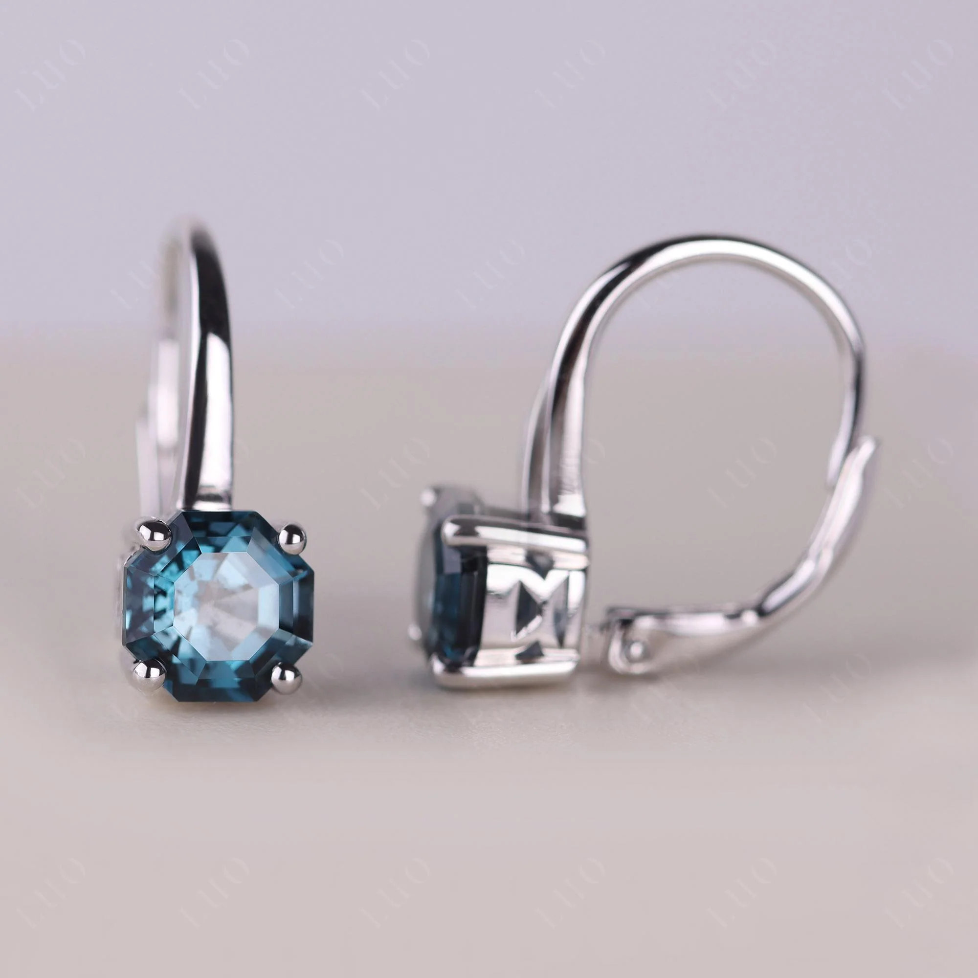 Octagon Cut London Blue Topaz Leverback Earrings - Image 12