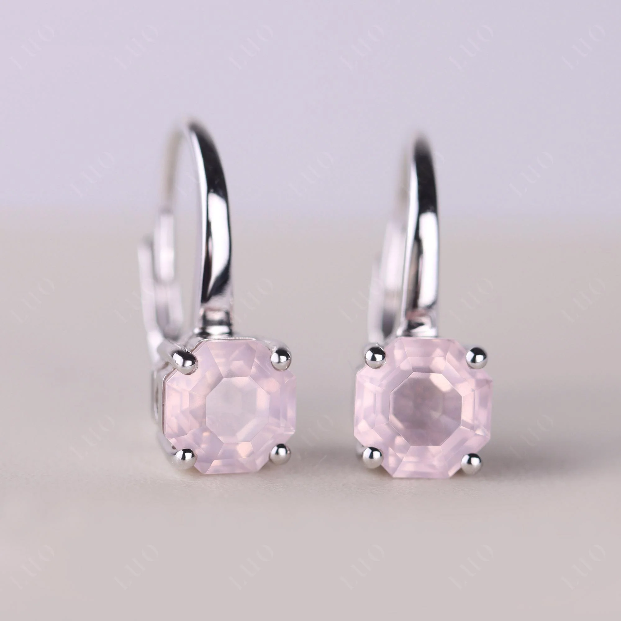Octagon Cut Rose Quartz Leverback Earrings - Image 10