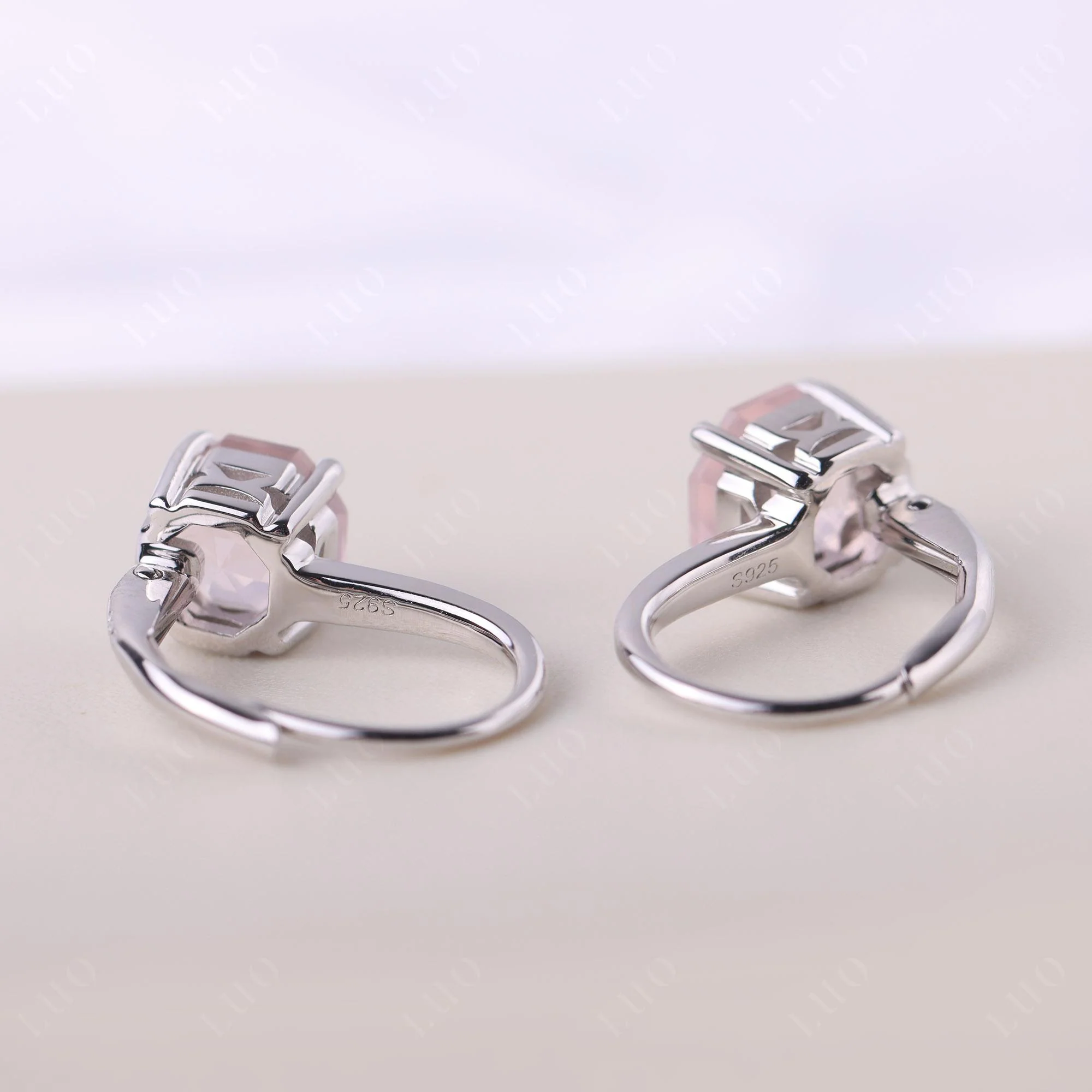 Octagon Cut Rose Quartz Leverback Earrings - Image 11