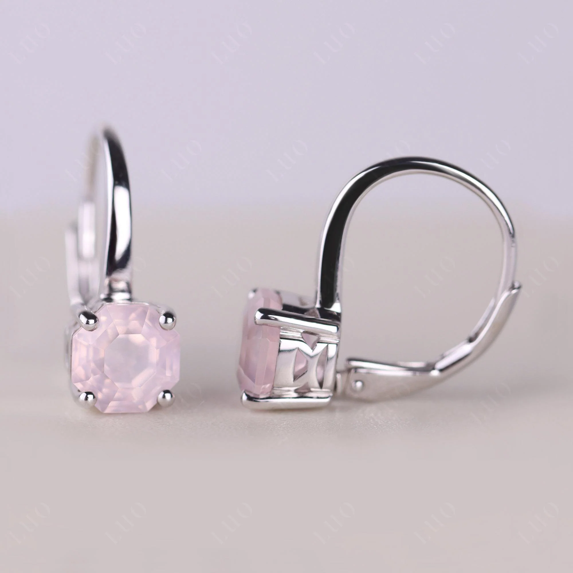 Octagon Cut Rose Quartz Leverback Earrings - Image 12