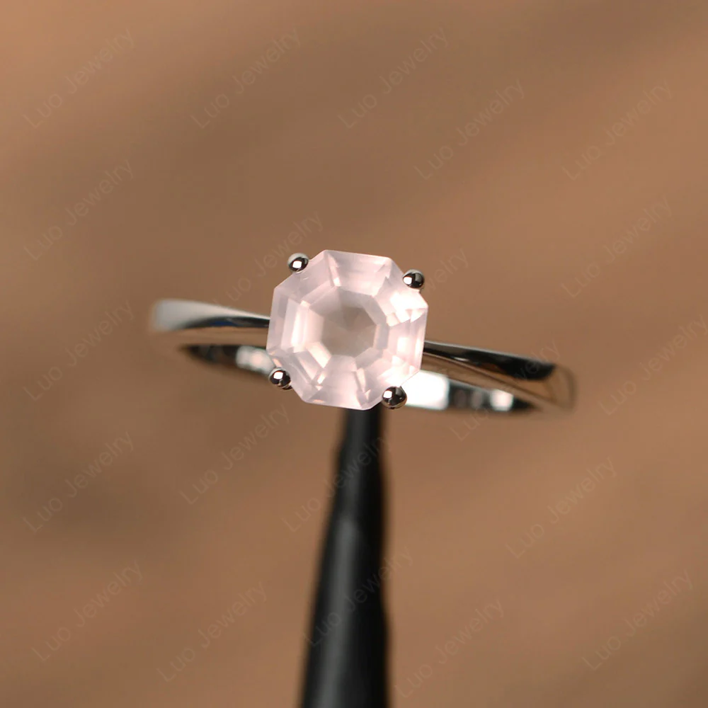 Octagon Cut Rose Quartz Solitaire Ring
