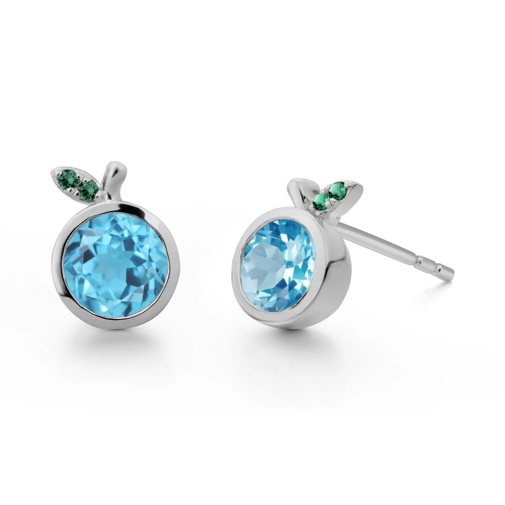 Orange Inspired Bezel Setting Swiss Blue Topaz and Emerald Earrings - Image 4