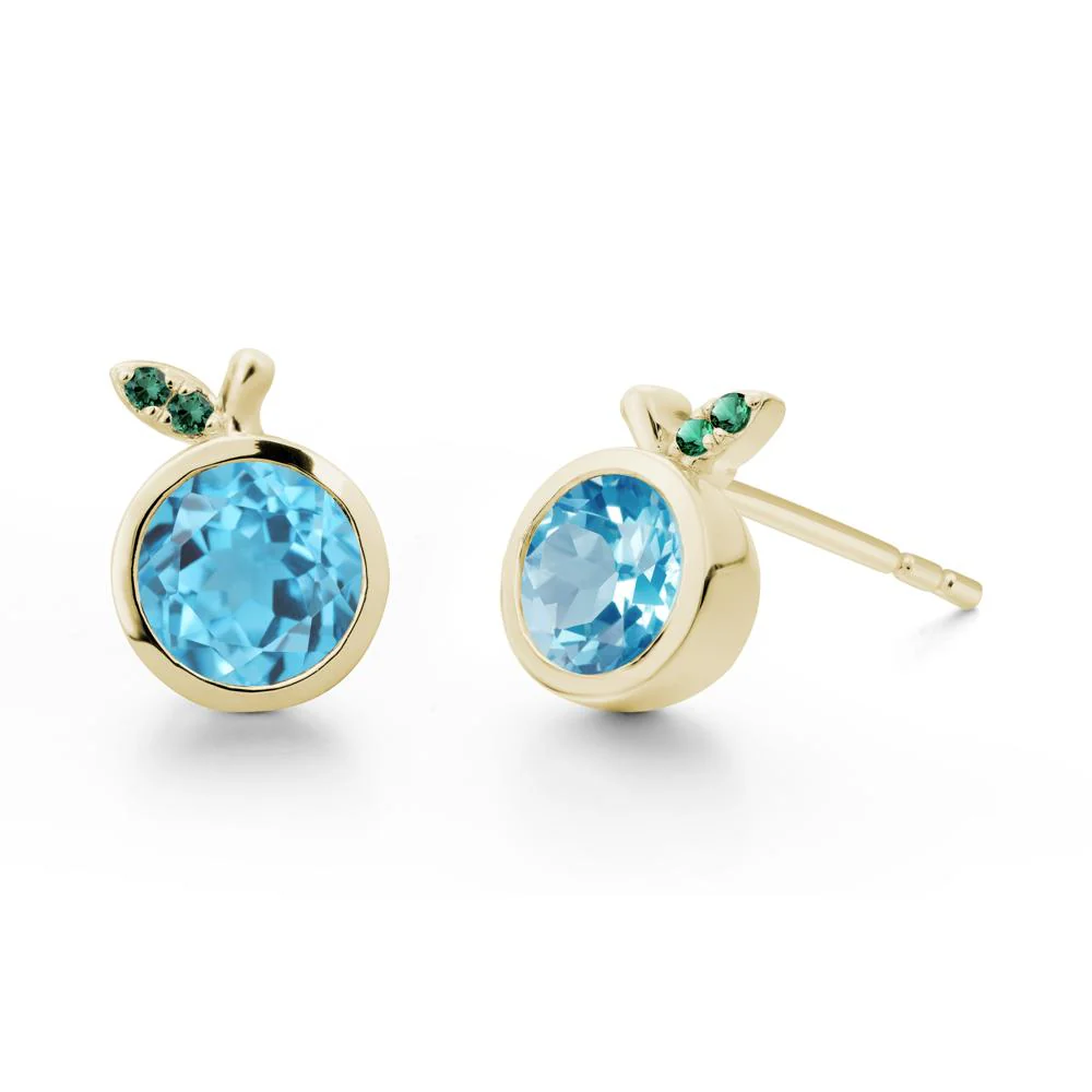 Orange Inspired Bezel Setting Swiss Blue Topaz and Emerald Earrings - Image 5