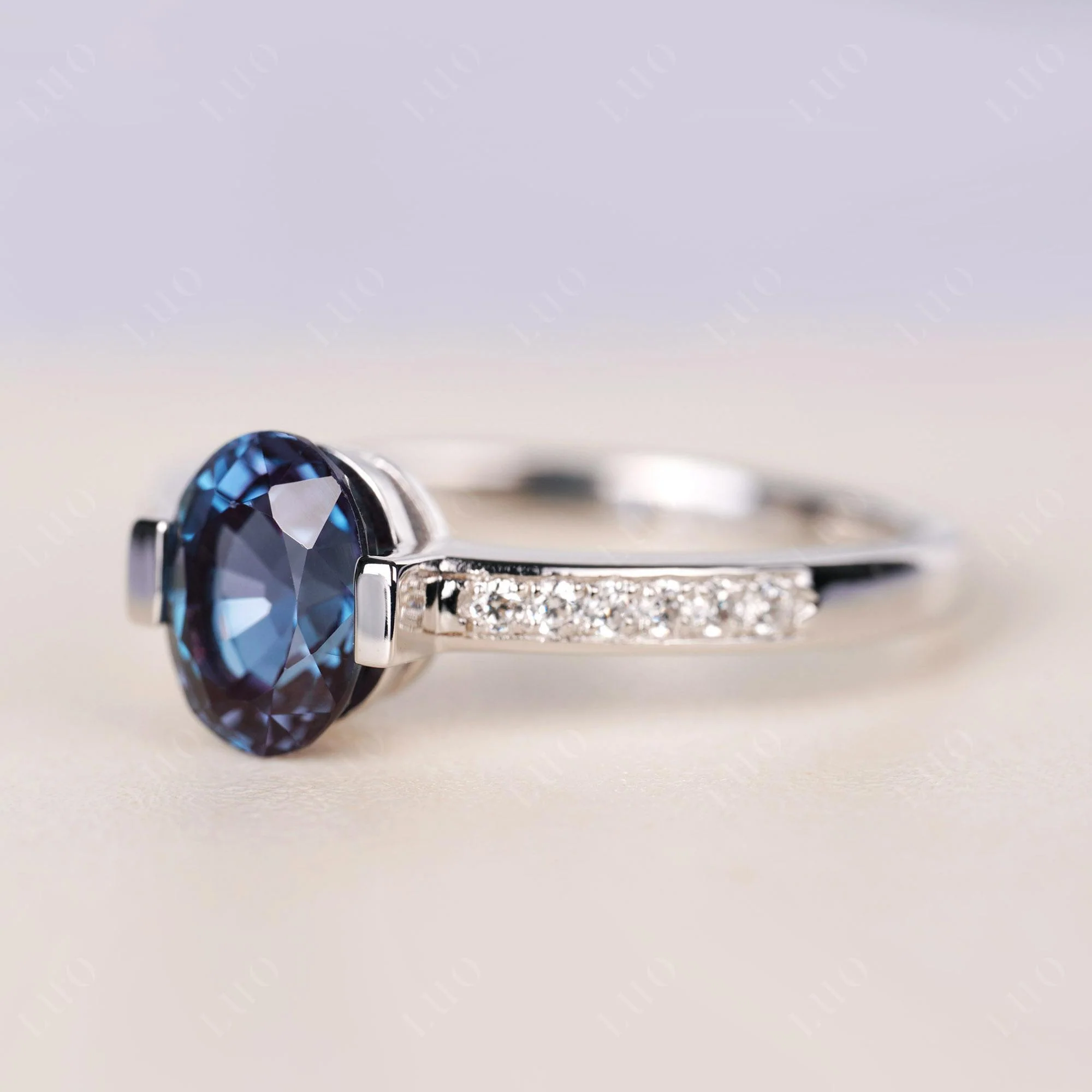 Oval Alexandrite Engagement Ring Half Bezel Set - Image 2