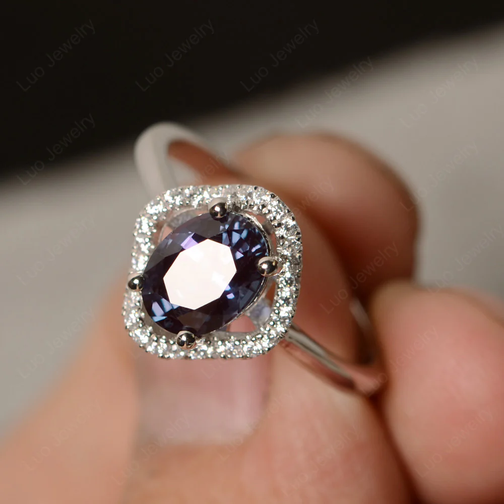 Oval Alexandrite Flower Halo Engagement Ring