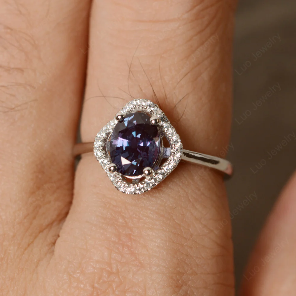 Oval Alexandrite Flower Halo Engagement Ring - Image 3