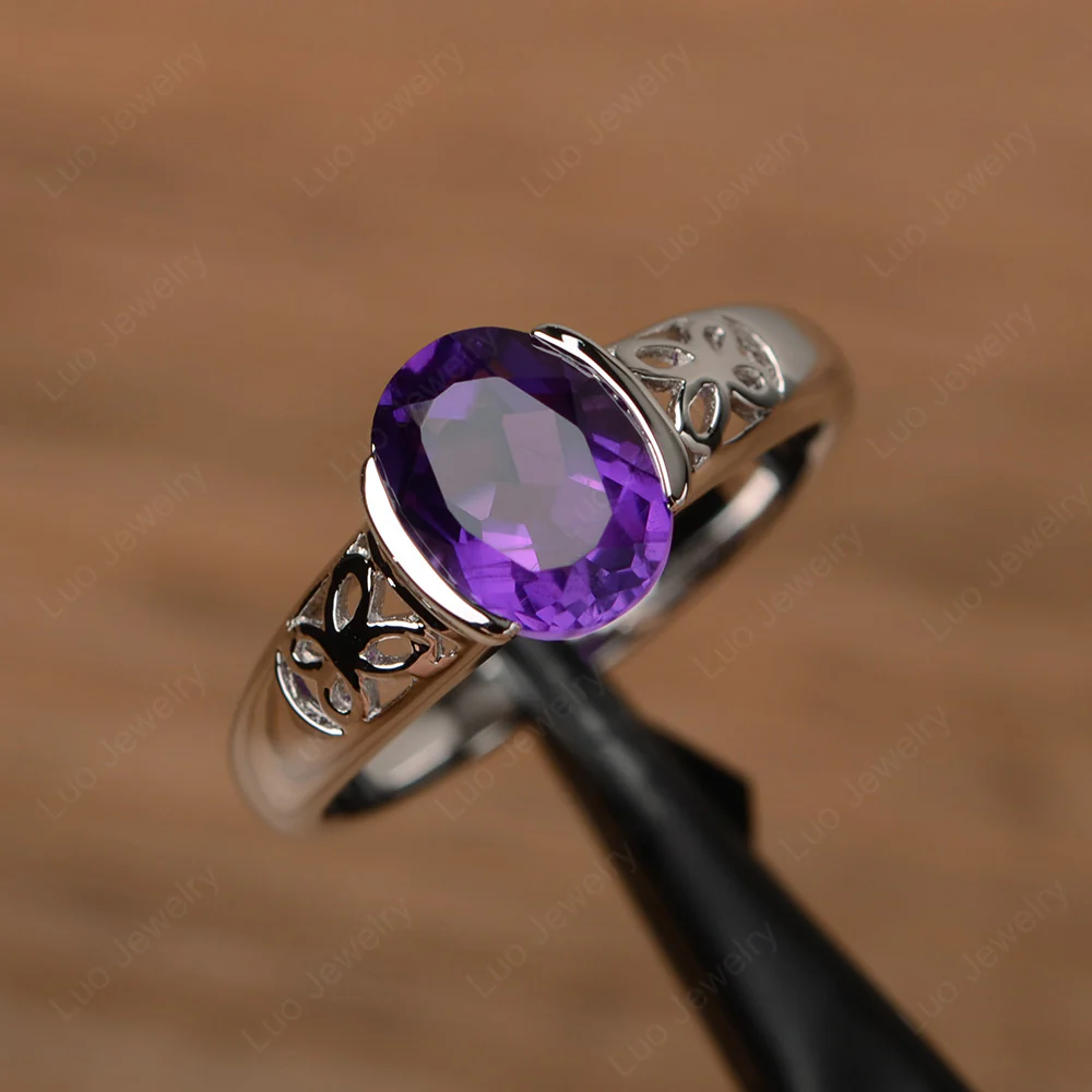Oval Amethyst Bezel Set Engagement Ring