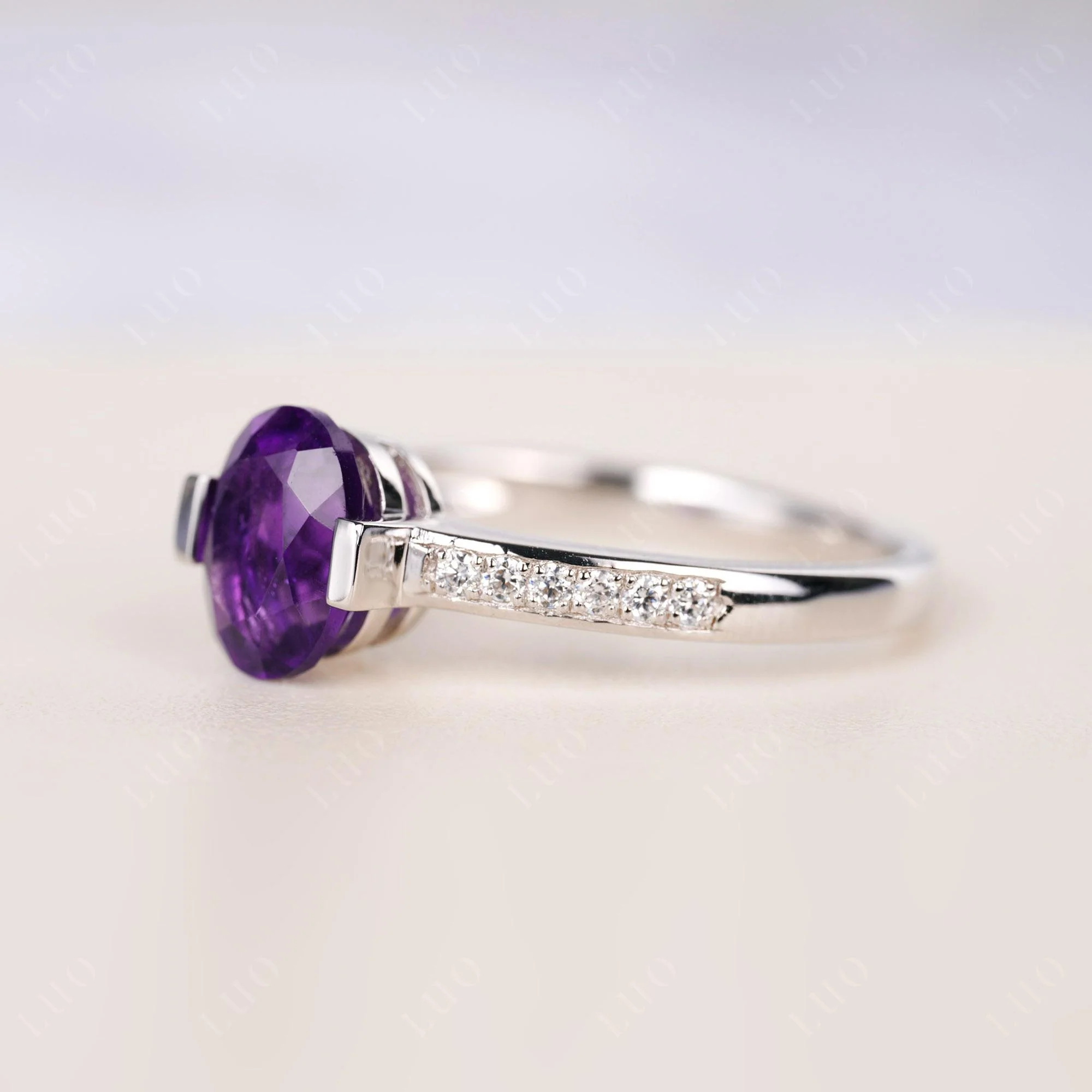 Oval Amethyst Engagement Ring Half Bezel Set - Image 2