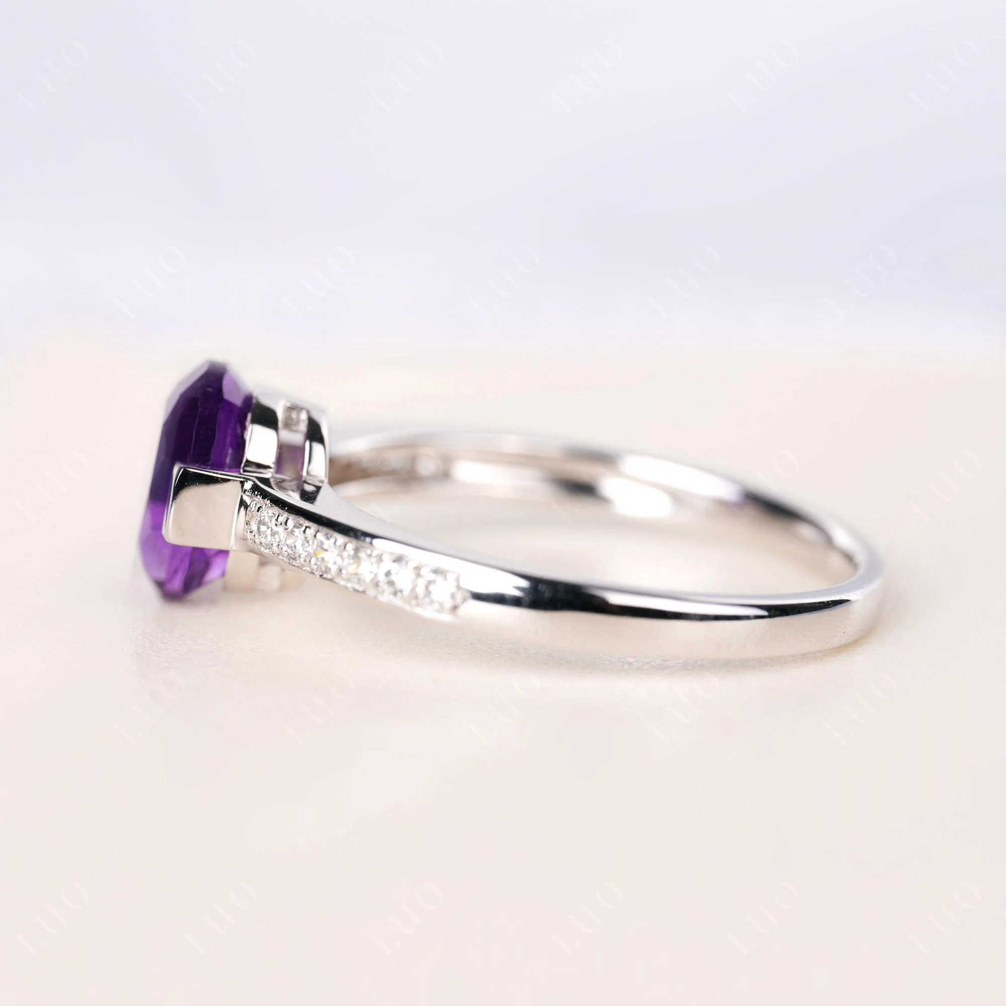 Oval Amethyst Engagement Ring Half Bezel Set - Image 4