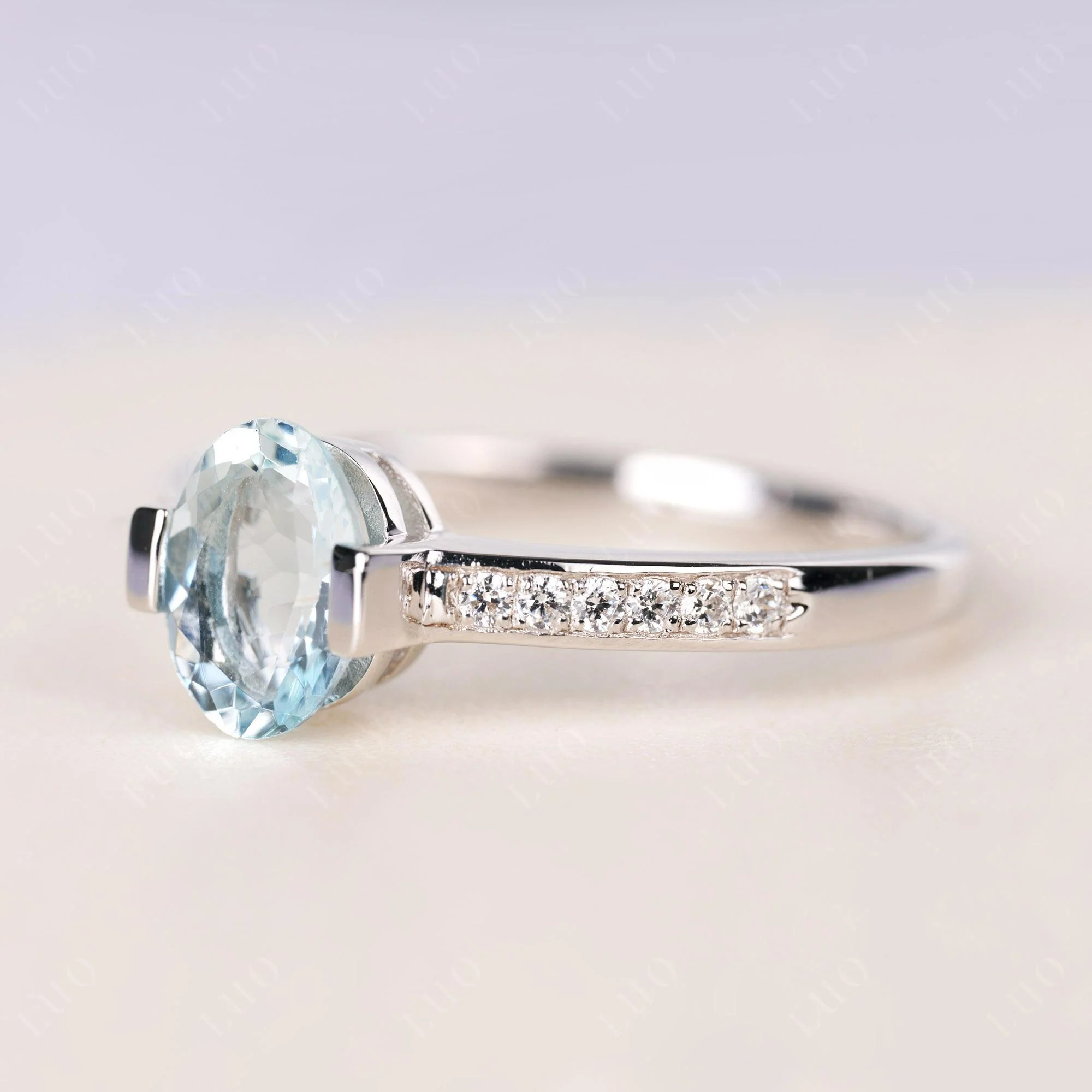 Oval Aquamarine Engagement Ring Half Bezel Set - Image 2