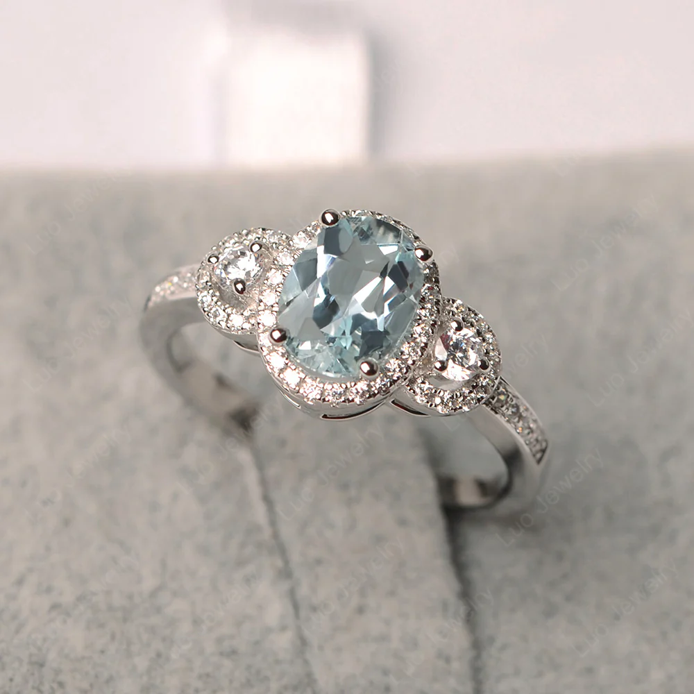 Oval Aquamarine Ring Halo Engagement Ring