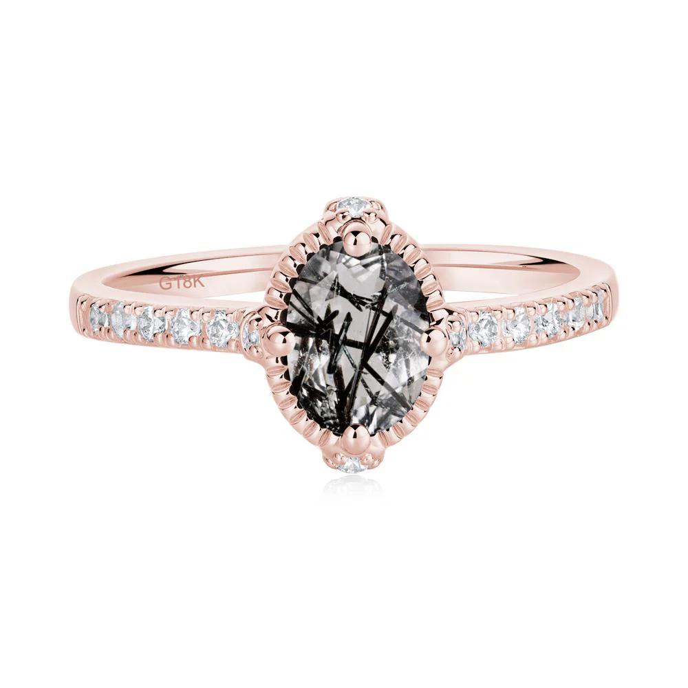 Oval Black Rutilated Quartz Milgrain Halo Ring - Image 3