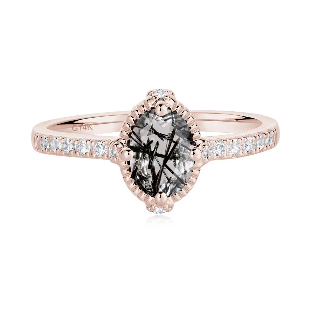 Oval Black Rutilated Quartz Milgrain Halo Ring - Image 7