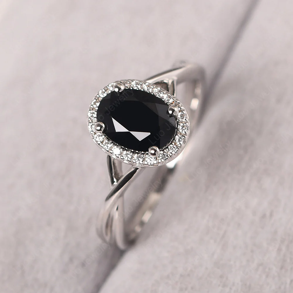 Black Spinel Oval Halo Engagement Ring