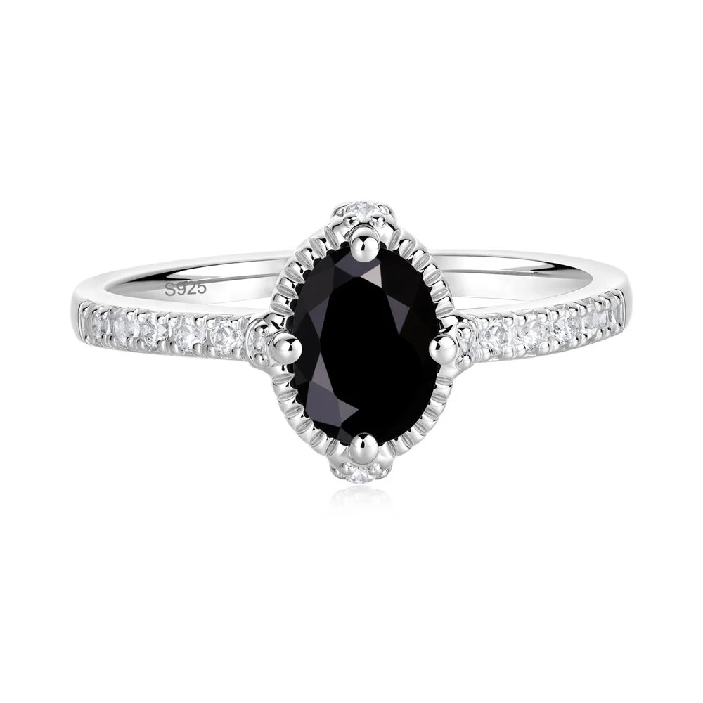 Oval Black Spinel Milgrain Halo Ring
