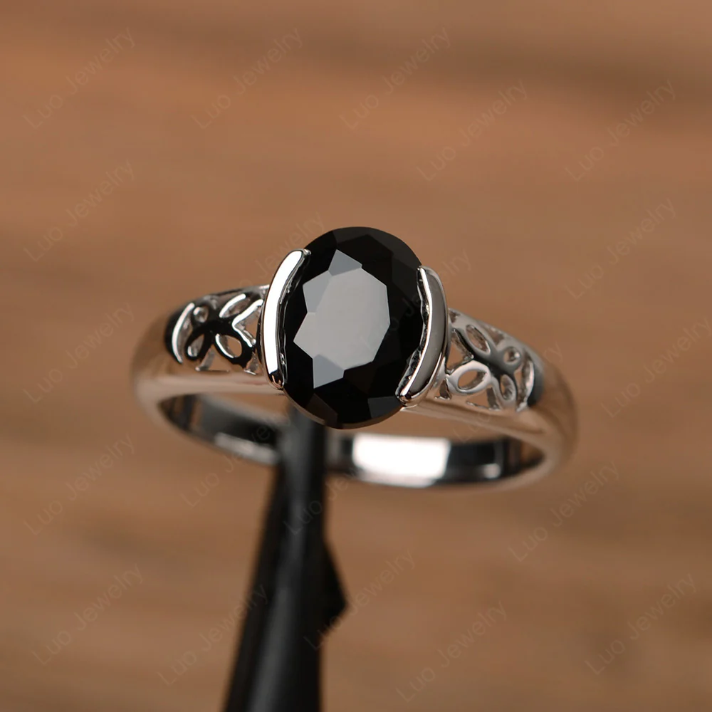 Oval Black Spinel Bezel Set Engagement Ring