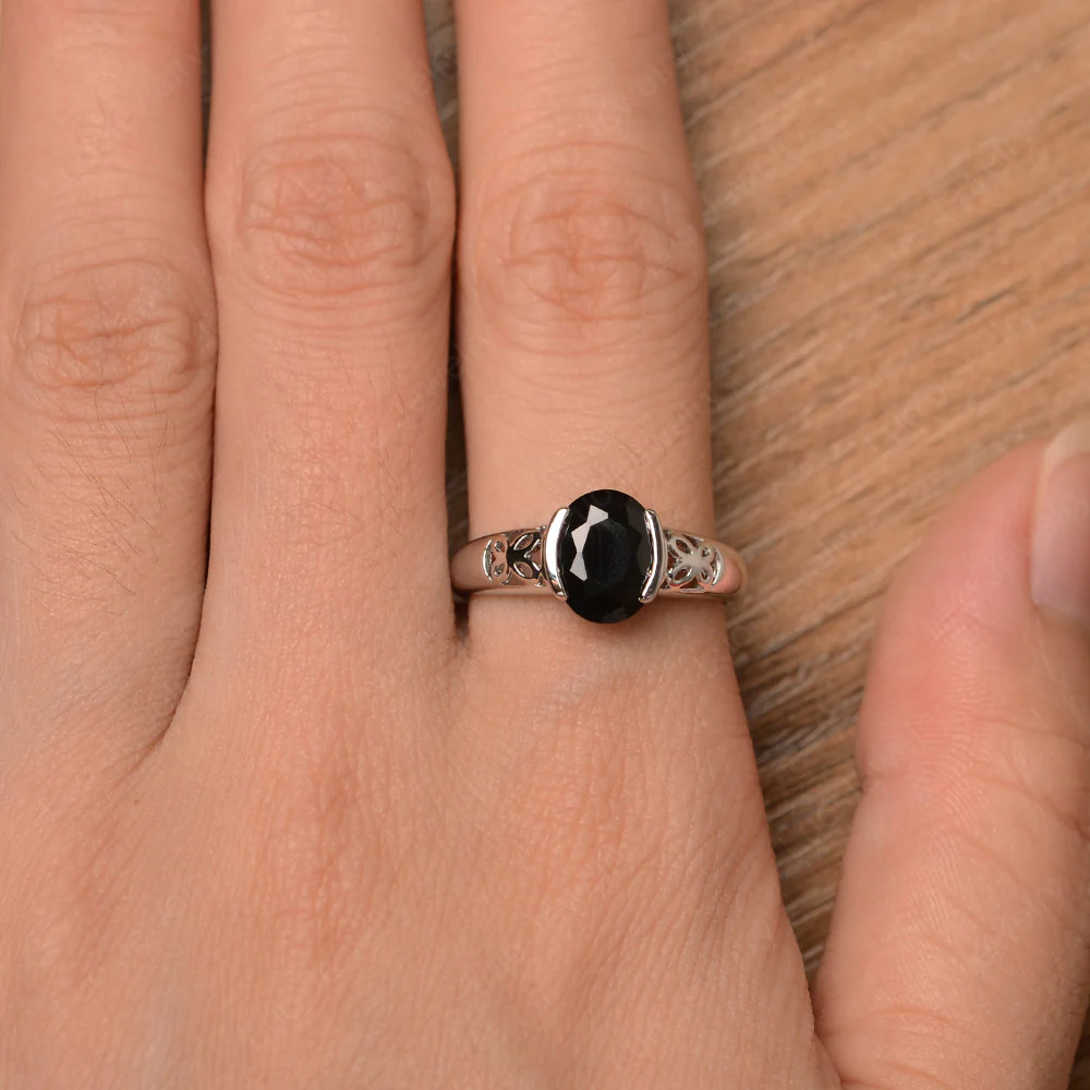 Oval Black Spinel Bezel Set Engagement Ring - Image 4