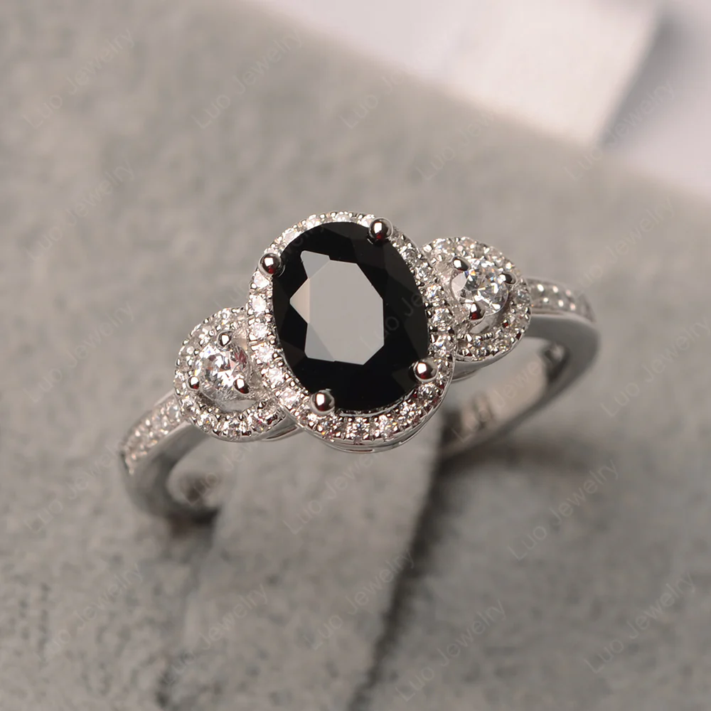 Oval Black Spinel Ring Halo Engagement Ring