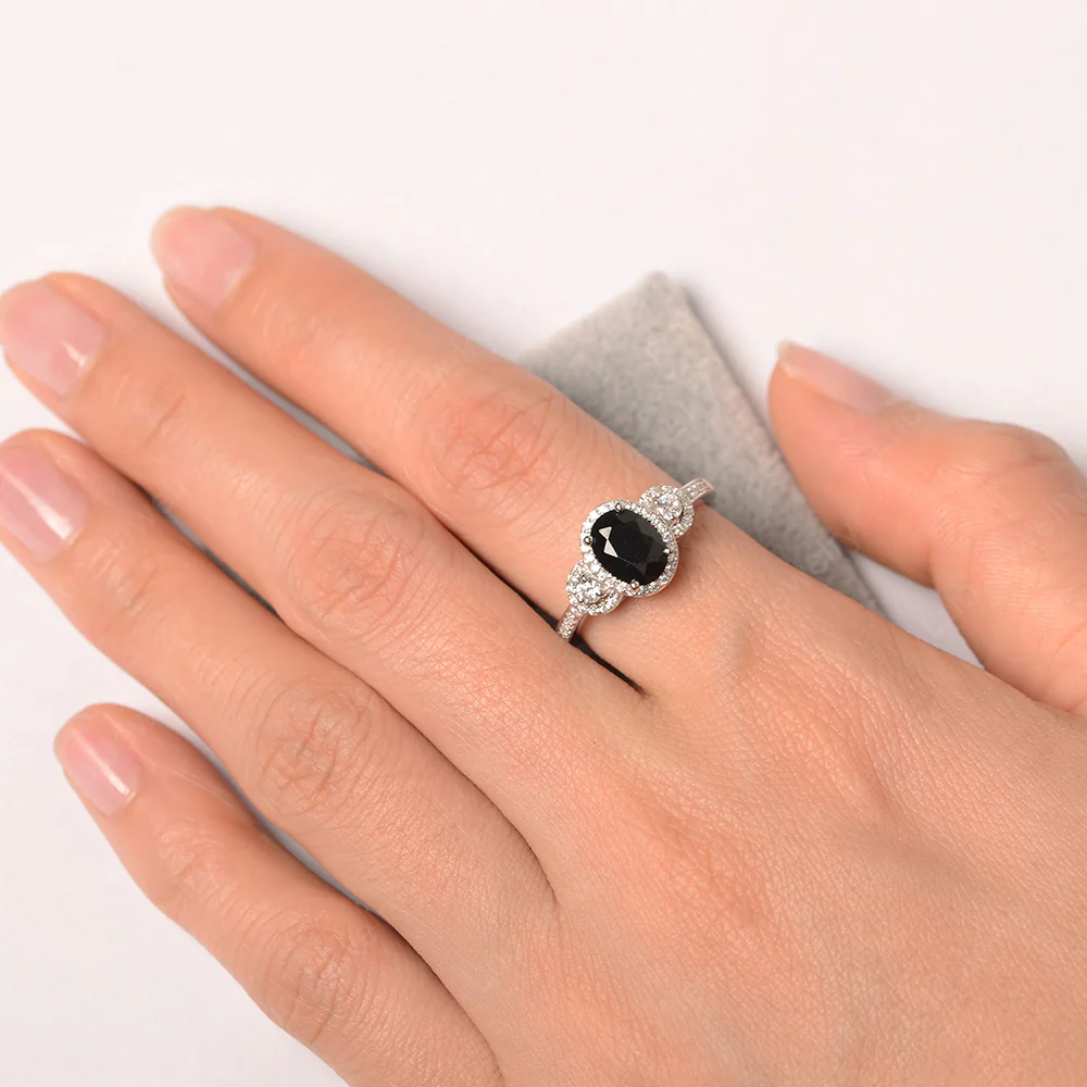 Oval Black Spinel Ring Halo Engagement Ring - Image 3