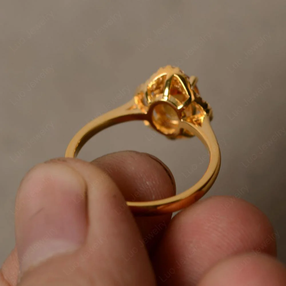 Oval Citrine Flower Halo Engagement Ring - Image 3