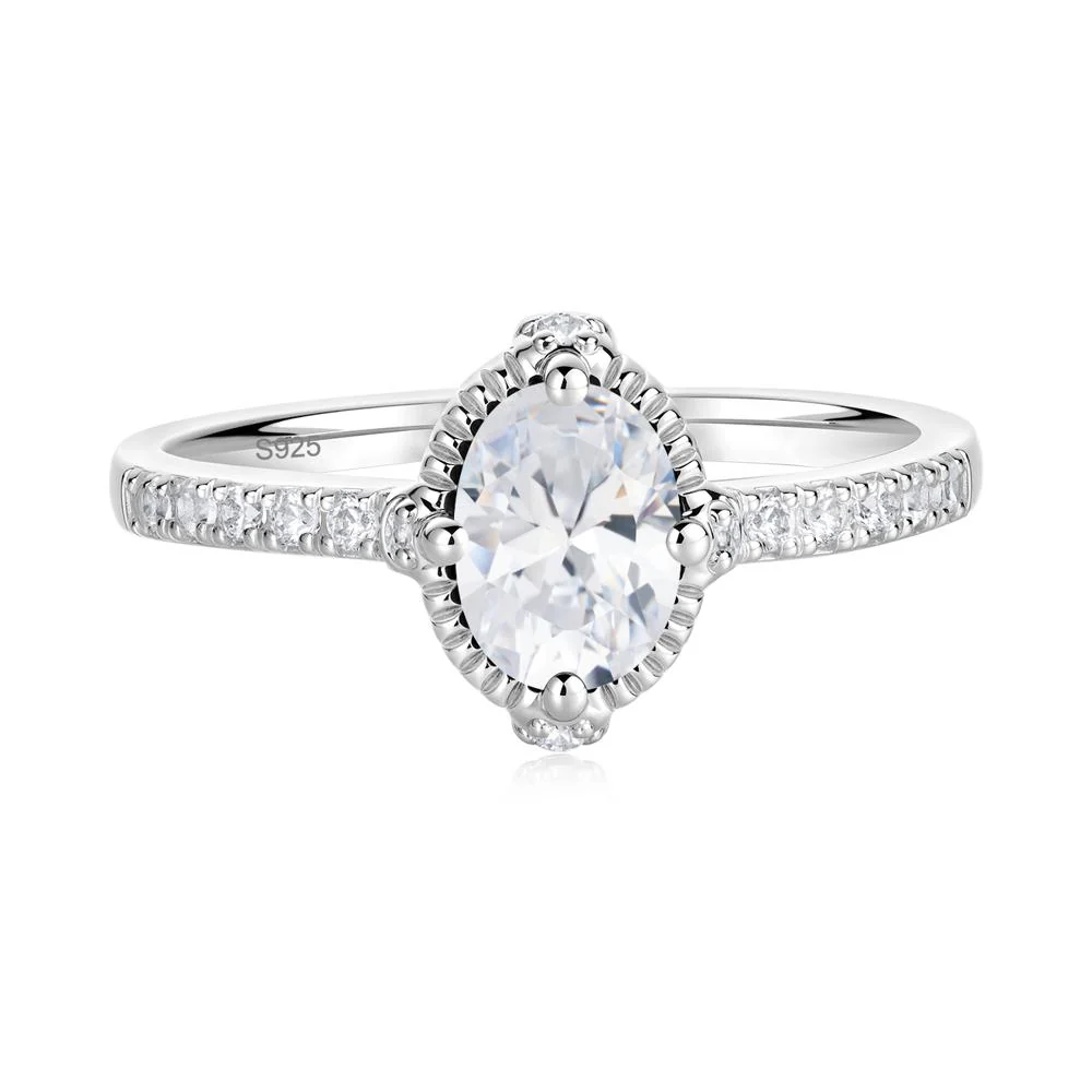 Oval Cubic Zirconia Milgrain Halo Ring - Image 6