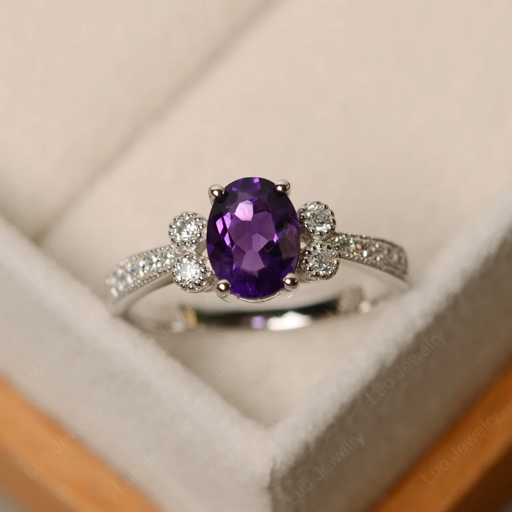 Oval Amethyst Milgrain Engagement Ring