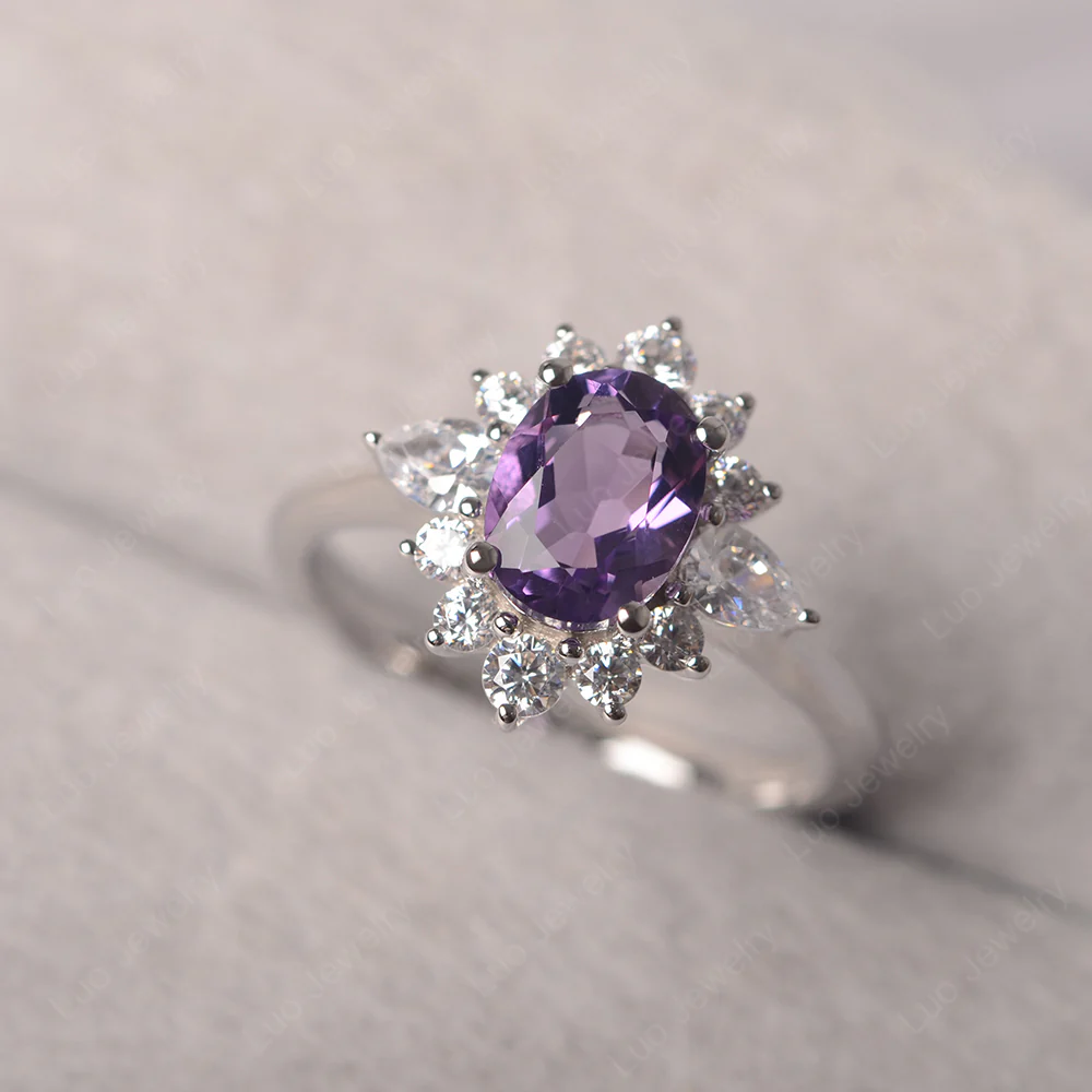 Oval Cut Amethyst Ring with Pear Side Stone
