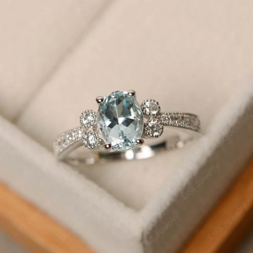 Aquamarine Milgrain Oval Engagement Ring