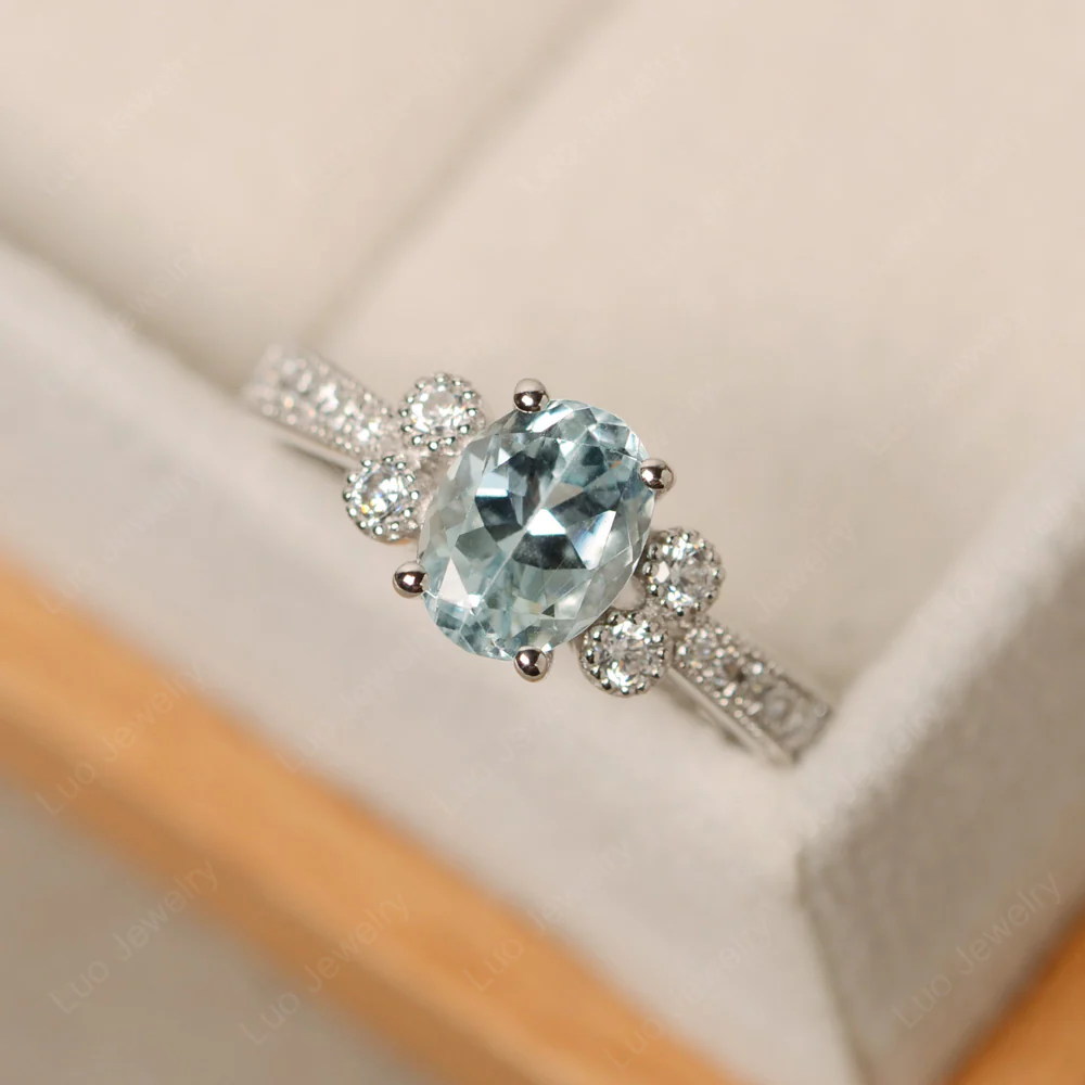 Aquamarine Milgrain Oval Engagement Ring - Image 2