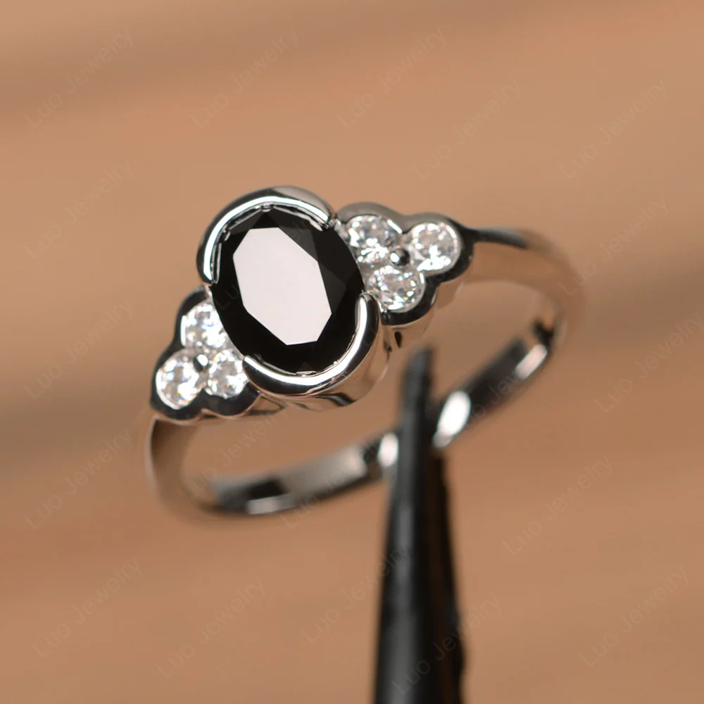 Oval Cut Bezel Set Black Spinel Engagement Ring