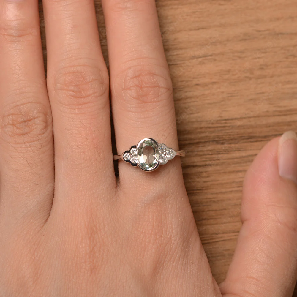Oval Cut Bezel Set Green Amethyst Engagement Ring - Image 4