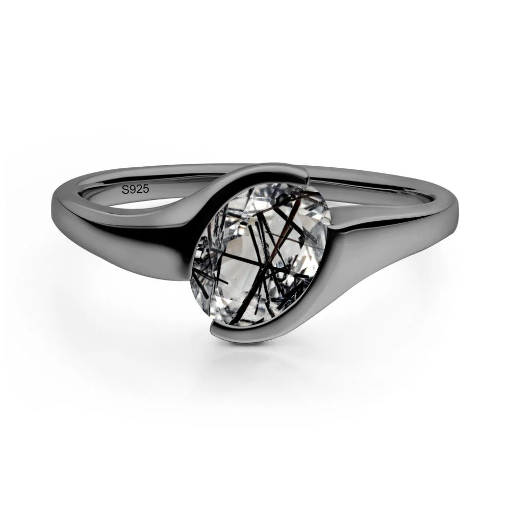 Oval Cut Black Rutilated Quartz Solitaire Bypass Ring - Image 4