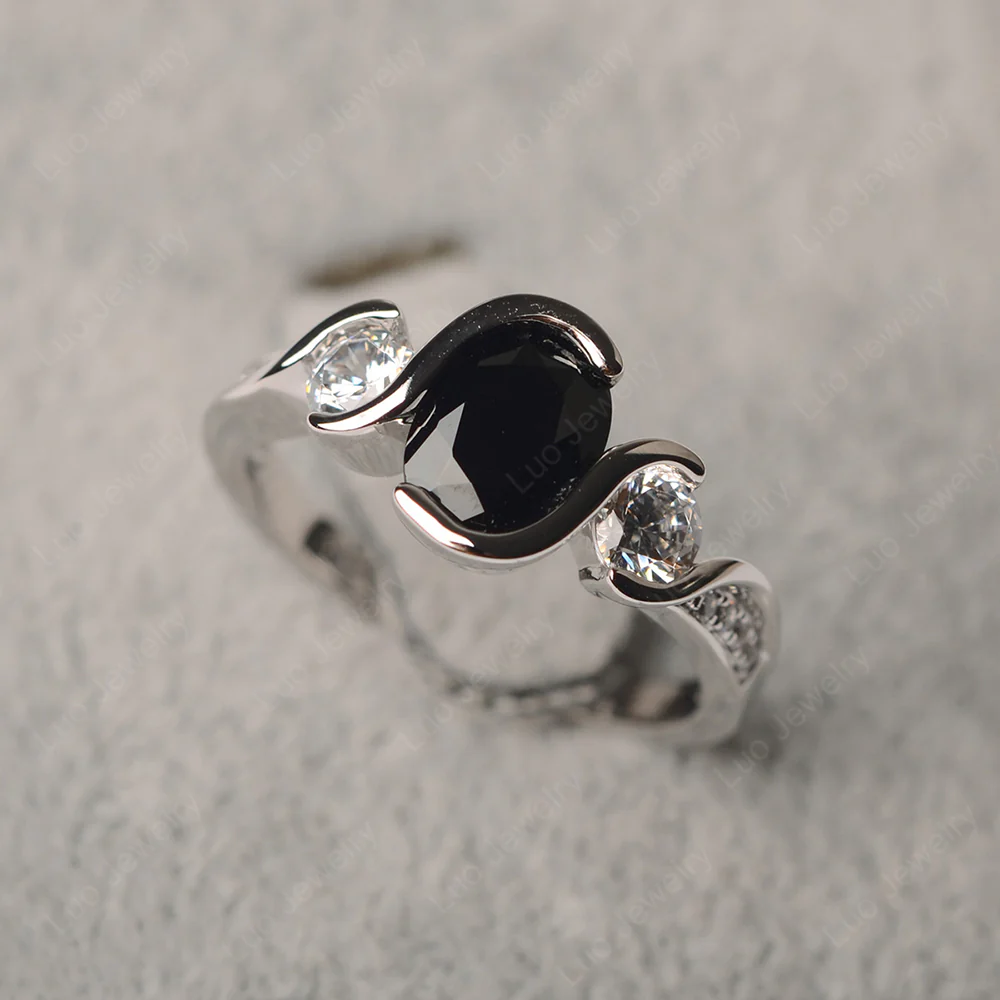 Black Spinel Three Stone Bezel Set Ring