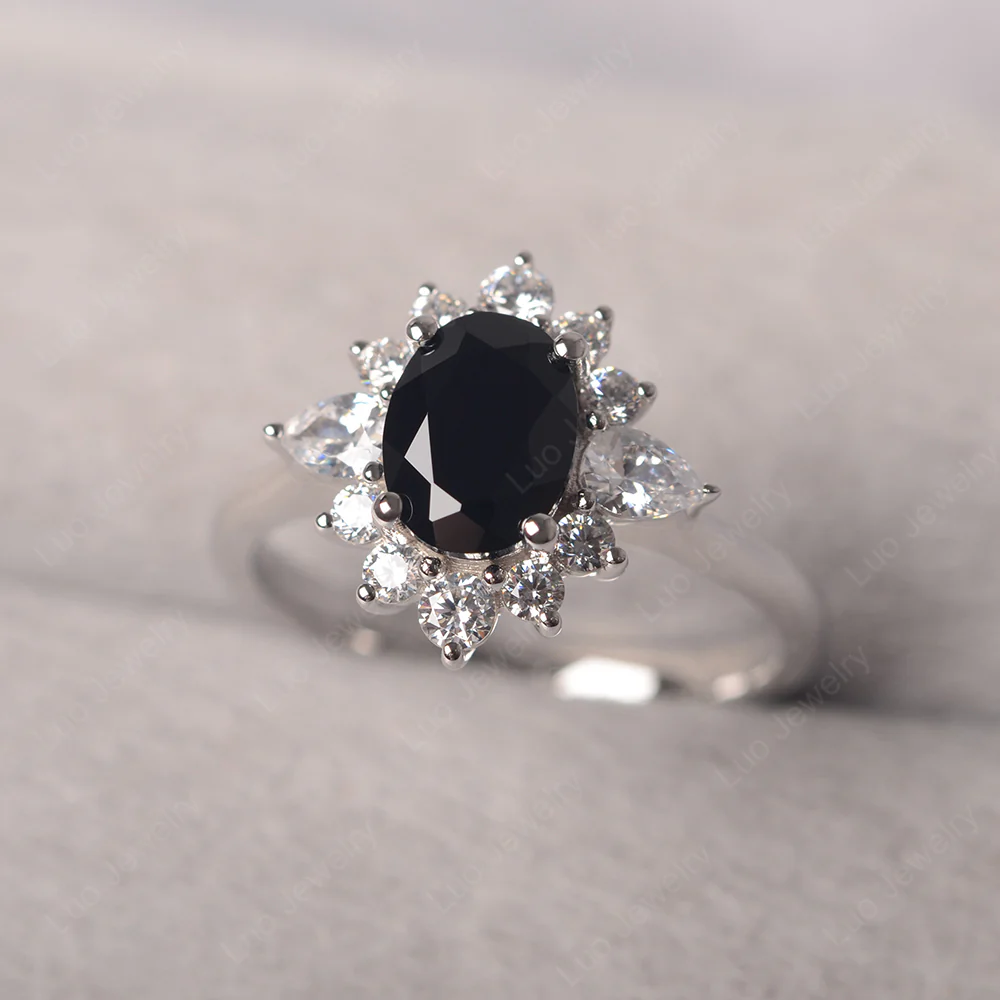 Oval Cut Black Spinel Ring with Pear Side Stone - Image 2