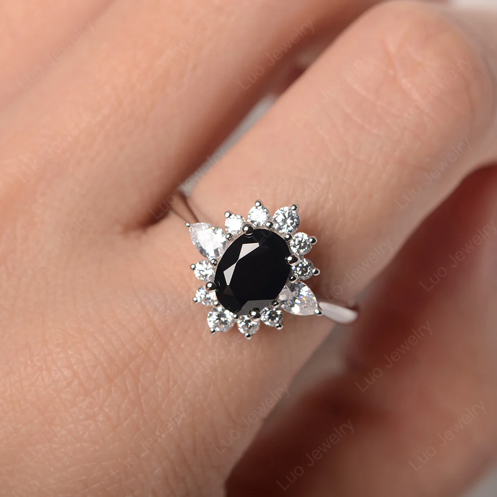 Oval Cut Black Spinel Ring with Pear Side Stone - Image 5
