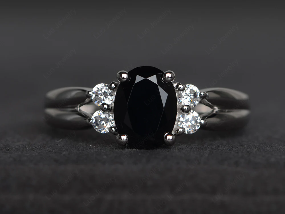 Oval Cut Black Spinel Two Rows Ring