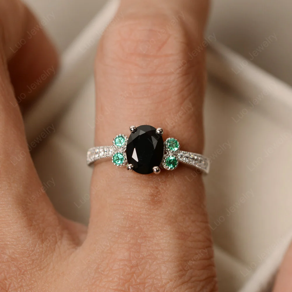 Oval Black Spinel Milgrain Engagement Ring - Image 4